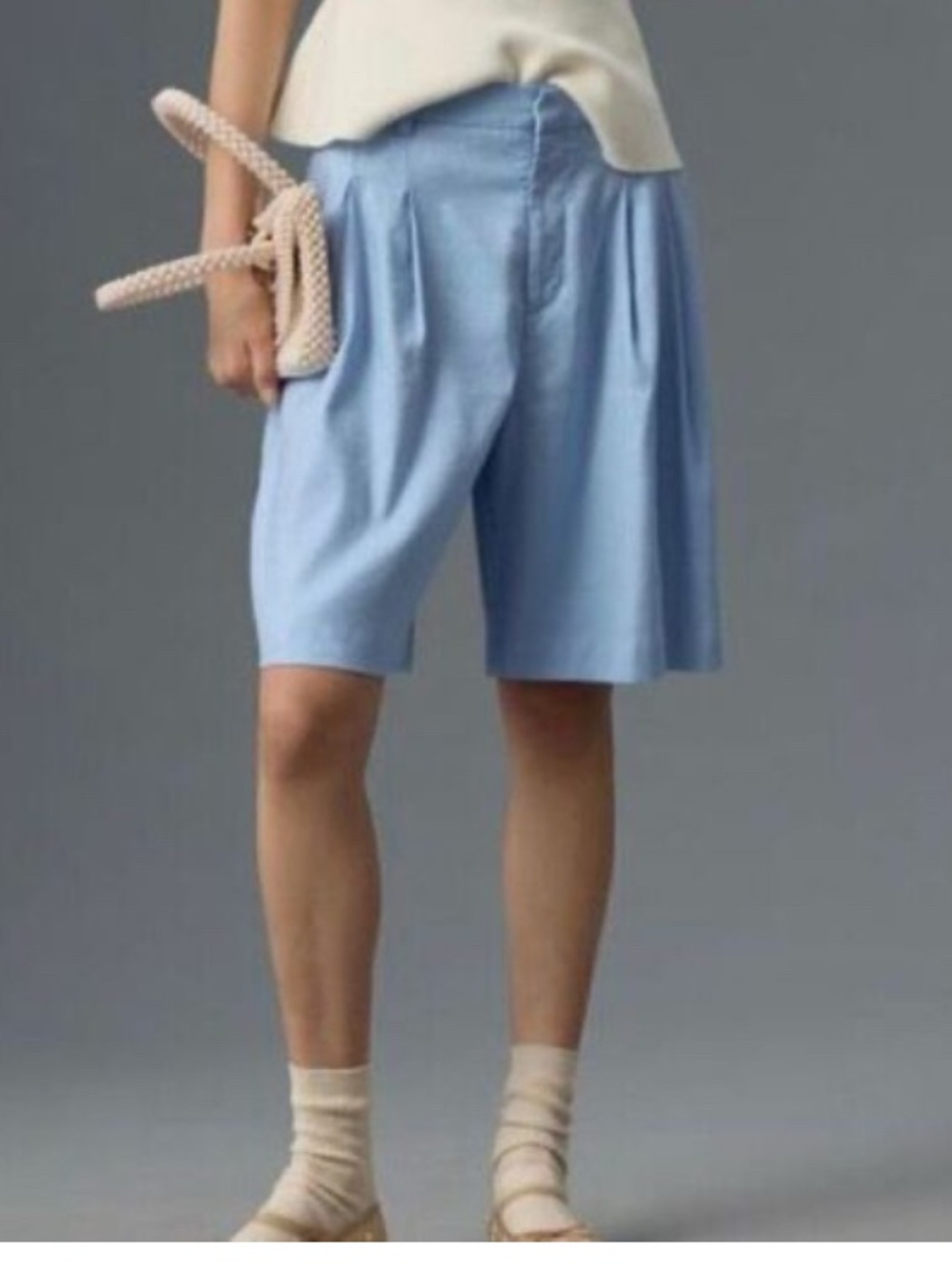 NWT Avery Linen European Stretch Pleated Short W/Pocket Anthropologie Lt Blue 10